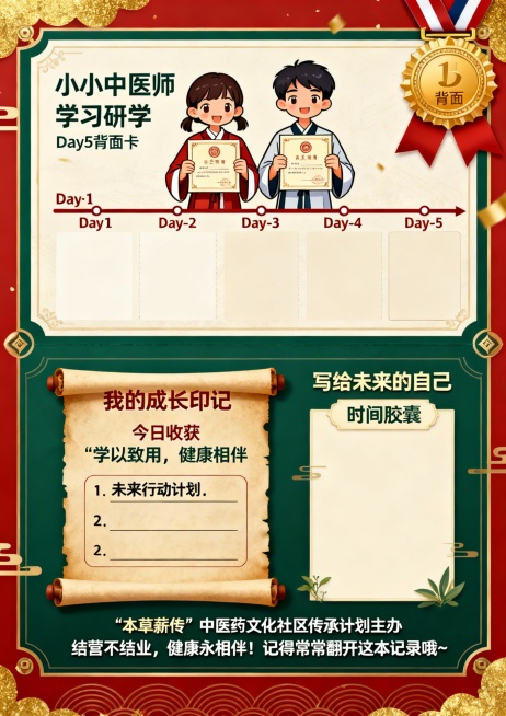 # 小小中医师每日研学记录卡 - 第五天
## 【正面】Day 5：成果展示·闭营仪式

### **顶部标题区**
```
[小寒·大寒·迎新春]
中医药文化冬令研学营
小小中医师每日记录卡
```预览效果