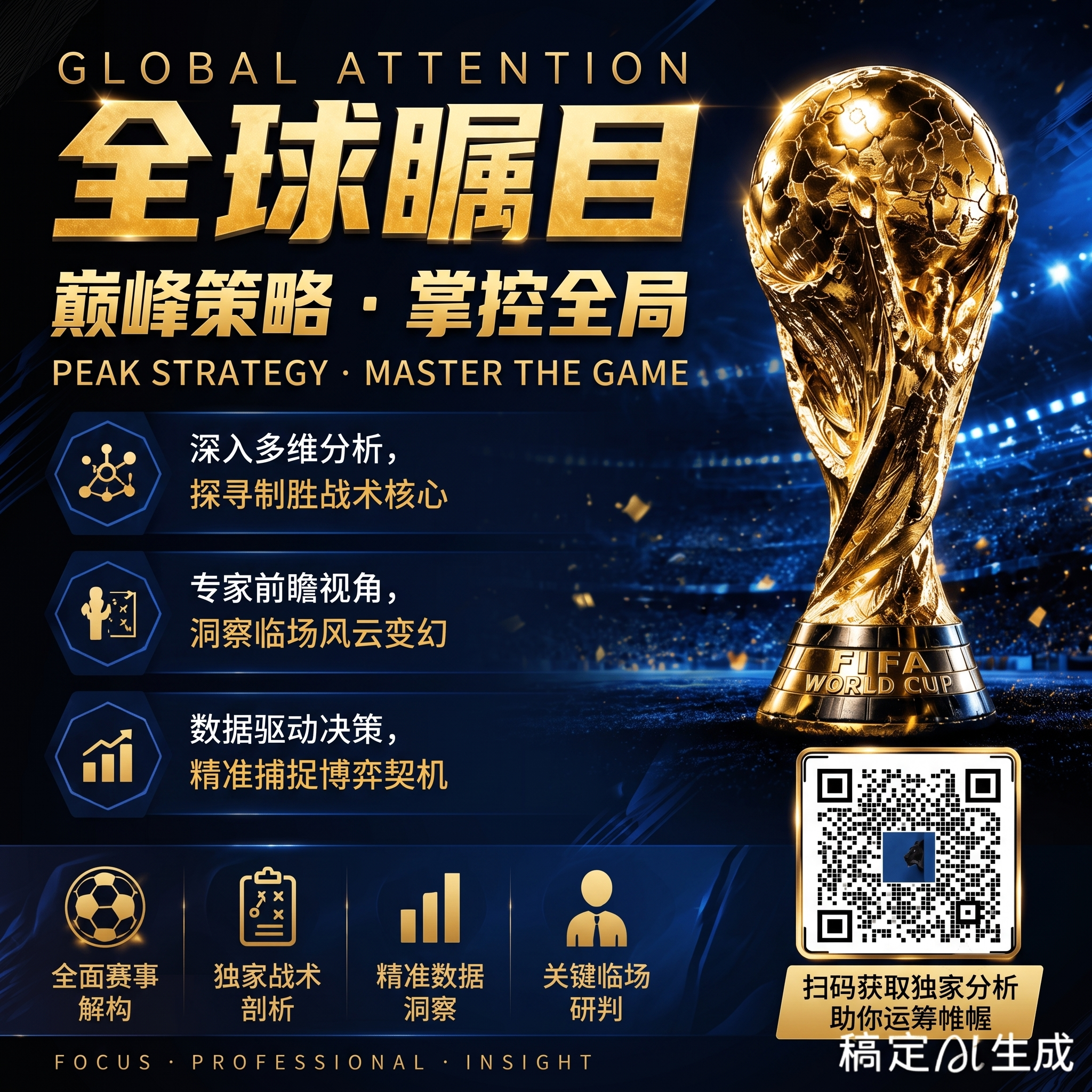 参考原图世界杯赛事分析推广风格，生成一张正方形图片，保持黑金蓝… - 图片创意预览