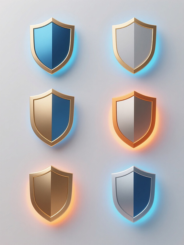 一系列6个不同配色、不同样式、不同材质的「盾牌」造型，规整排布，整体造型简约现代，纯色背景，无任何文字，无logo，无水印，盾牌边缘有金色描边，盾牌周围有蓝色和橙色的光晕环绕，光晕呈现出流动的效果，整体画面简洁、干净、具有现代感。