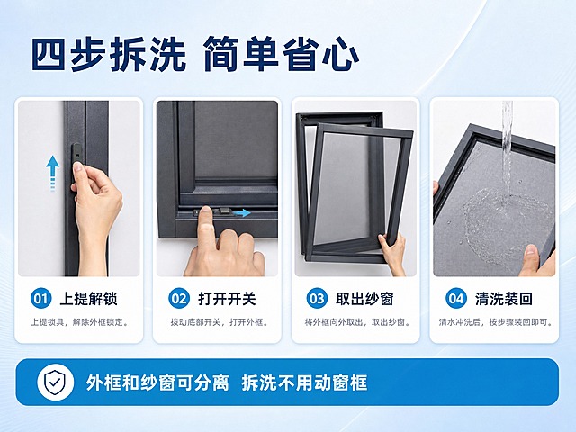 [商品] 使用【图71】纱窗外框打开状态与【图75】底部开关操作状态作为步骤小图参考；保留深灰色铝合金外框、锁具、纱网与开关结构；操作手部替换为干净自然的手部，去除手表等杂物。[画面] 横版4:3拆洗步骤页：左上方大标题，下方一行4个白色圆角步骤卡横向排列，每步一张操作小图 + 大编号 + 短标题 + 一行短说明；四步分别为：上提锁具解锁、打开外框底部开关、取出纱窗、清水冲洗后装回；底部一条深蓝信息条；背景为清透浅蓝到白渐变。[视觉] 套系策略：风格=国内家居清爽蓝白科技风商业排版；标题字=现代无衬线粗黑体；正文字=简洁无衬线常规体；主色=清透浅蓝；背景延展=基于清透浅蓝做深浅层级、同色渐变与细腻墙面质感；强调色=青蓝，仅用于小面积图标、引线和标签；标题色=深蓝；正文色=中灰蓝；组件=白色圆角卡片、细线图标、编号圆标、底部蓝色信息条；光影=柔和均匀商业光。[文字] 主标题“四步拆洗 简单省心”；四步短标题“上提解锁”“打开开关”“取出纱窗”“清洗装回”，每步下一行短说明；底部信息条“外框和纱窗可分离 拆洗不用动窗框”；文字横排不遮挡步骤图。[规格] 图片比例4:3横版，2K，中文清晰无错字；负向：变形、错字、文字过小、多余手指、畸形手、竖排或旋转文字、水印、平台Logo、绝对化用语。