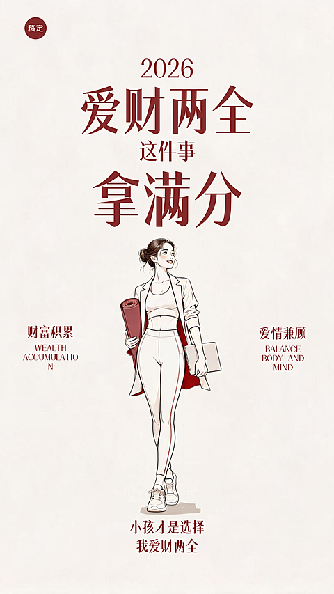 插画风结合描边线条财爱两全祝福海报