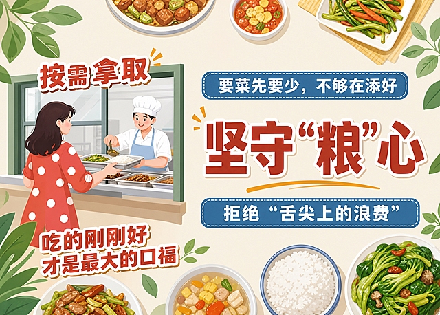 文明餐桌桌签设计，横版7:5比例。食堂打饭场景插画风，左侧一位穿红底白点裙子的女士在窗口打饭，窗口内是戴厨师帽的工作人员。右侧大字标题"坚守'粮'心"，上方蓝色标签"要菜先要少，不够在添好"，下方蓝色标签"拒绝'舌尖上的浪费'"。左上角"按需拿取"，左下角"吃的刚刚好才是最大的口福"。背景散落着各种美食菜肴小图，绿叶装饰。整体活泼亲切，排版精美，文字清晰可读。