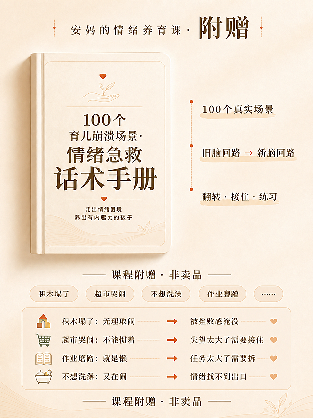 修改这张宣传图：1. 将顶部标题「安妈的情绪养育课·附赠」中的「附赠」字体放大，让赠品更醒目；2. 将两处最底部的「1-8岁分龄整理」改为「—— 课程附赠 · 非卖品 ——」，两遍都用横线衔接；3. 将封面上的「培养内心强大的孩子」改为「养出有内驱力的孩子」；保持原海报简约温暖米色风格，整体排版协调