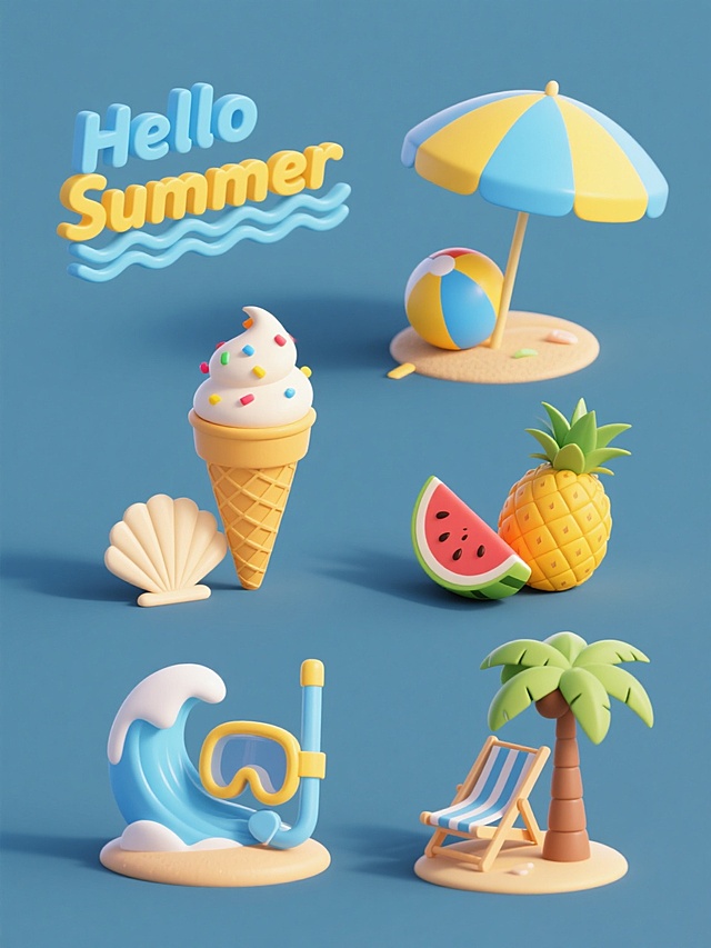 一组6个完全不同造型的夏季主题立体风格素材集合，规整排布在纯色背景上。每个素材均采用黄色与蓝色为主色调，保持圆润可爱的设计风格和简洁明快的氛围。第一个素材是"Hello Summer"立体艺术字搭配波浪和贝壳；第二个素材是立体冰淇淋甜筒，点缀彩色糖粒；第三个素材是立体太阳伞和沙滩球组合；第四个素材是立体菠萝和西瓜切片；第五个素材是立体海浪和潜水镜；第六个素材是立体椰子树和沙滩椅。所有元素均具有明显的阴影和高光，呈现出一致的3D立体感，整体布局整齐有序，每个素材间距均匀，适合作为夏季主题系列设计素材使用。
