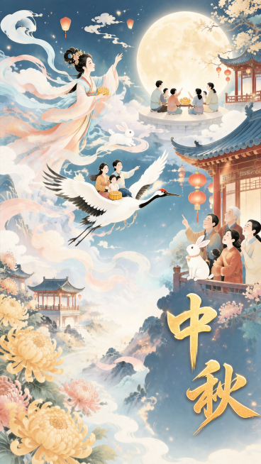 在当前国潮中秋插画基础上，将右下角文案改为“中秋”，调整文字颜色更深，突出显示文字，保留原有画面结构、清新色彩、简化笔触风格，保留团圆场景和传统中秋元素预览效果