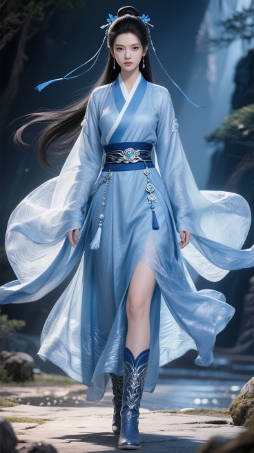 一位女子身着水蓝色道袍，长袍上有精致的纹理，衣袂飘飘。腰间系着墨蓝色腰带，腰带上有银色配饰和宝石，还挂着流苏。裙摆轻盈，还点缀着华美的丝绸纹理，脚上穿着精美的靴子。她长发及腰，乌黑柔顺，梳成发髻，发髻预览效果