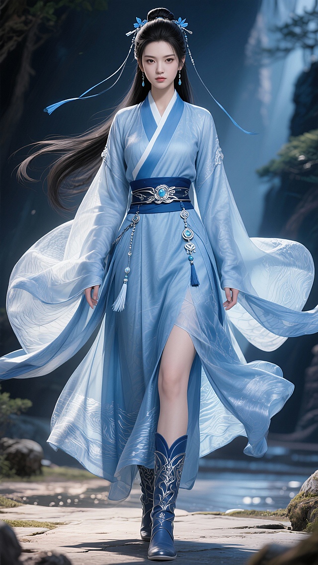 一位女子身着水蓝色道袍，长袍上有精致的纹理，衣袂飘飘。腰间系着墨蓝色腰带，腰带上有银色配饰和宝石，还挂着流苏。裙摆轻盈，还点缀着华美的丝绸纹理，脚上穿着精美的靴子。她长发及腰，乌黑柔顺，梳成发髻，发髻上插有蓝色发饰，两侧垂下细长的发带。她性格坚毅，又美又飒，自然站立，楚楚动人。