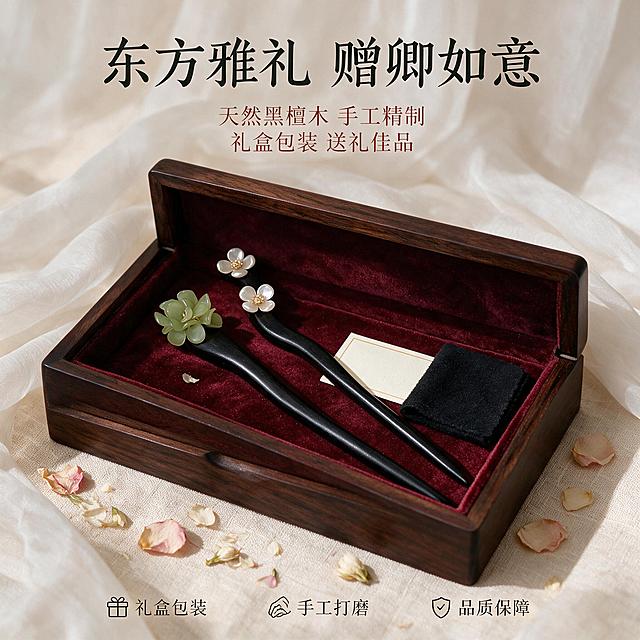 [主图-5] 礼赠与规格展示，突出产品的礼赠价值与品质保障，促进转化。
[统一基调] 整体风格为国风新中式高级质感，背景主色为米杏色亚麻布搭配米白色真丝纱幔，标题字色为深墨色，辅助字色为赭石红，强调色为玉绿色，字体为书法感宋体与细黑体搭配，卡片用细金线描边，整体光影柔和温润。
[画面] 画面主体为一个打开的深棕色木质礼盒，盒内铺有酒红色丝绒内衬，里面整齐摆放着两支精选发簪（一支玉兰花开款，一支白贝双花款），旁边放着一张米白色卡片与一块黑色擦布。礼盒放置在浅米色亚麻布上，背景有半透明真丝纱幔轻柔垂落，营造精致礼赠氛围。礼盒旁有散落的几片干花瓣作为装饰。主体占画面约65%，居中构图。
[光影质感] 商业摄影质感，柔和顶光配合侧光，礼盒木质表面有温润光泽，丝绒内衬有柔软质感，发簪在礼盒中呈现高级陈列效果，整体光线温暖柔和，阴影自然。
[配色] 主色调为深棕色、酒红色、米杏色、墨黑色、玉绿色，背景为浅米色亚麻质感，整体色调高级有质感。
[文字版式] 顶部居中横排书法感宋体主标题「东方雅礼 赠卿如意」，墨黑色，字号较大；下方两行小号细黑体辅助文案「天然黑檀木 手工精制」「礼盒包装 送礼佳品」，赭石红色，字号缩小60%。底部有三个小图标加文字：「礼盒包装」「手工打磨」「品质保障」，排列在底部，字号较小。文字均不遮挡礼盒主体。
[输出要求] 1:1正方形比例，2K高清分辨率，礼盒质感高级，发簪摆放整齐，文字清晰。负向：变形、错字、模糊、廉价感、塑料质感、水印、平台Logo、礼盒破损。