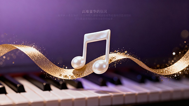 参考图一生成一个时光音乐会海报背景，不需要文字，低饱和暗紫渐变背景，香槟金色的柔焦光带呈波浪状环绕，中心是哑光质感的珍珠白音符，音符边缘有细碎的鎏金闪粉，背景隐约透出模糊的钢琴键光影，高级轻奢氛围，细腻光影 8K 横版，“上方预留主题摆放位置”