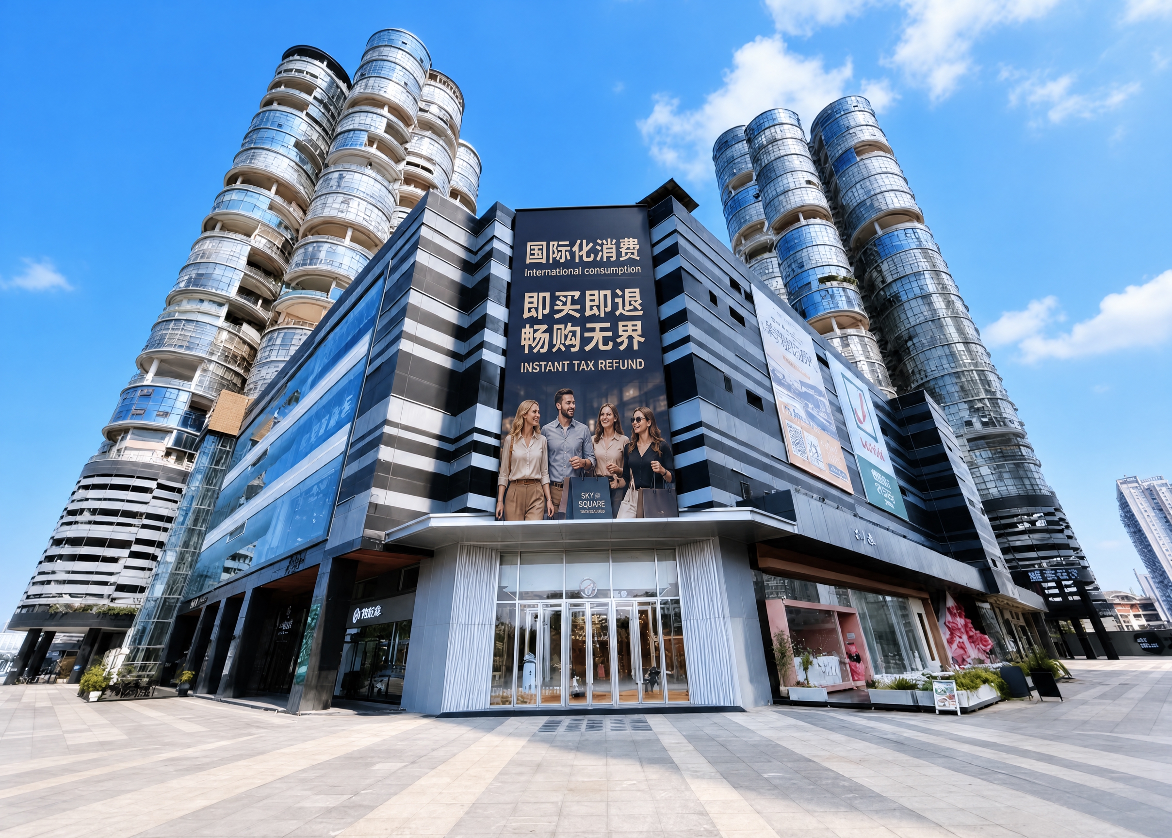 将建筑大门正上方的深色瓷砖整面墙替换为一块大型主题宣传广告画面… - 图片创意预览