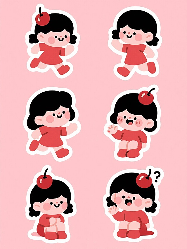 插画，红色的樱桃卡通小女孩，6个，粉色背景