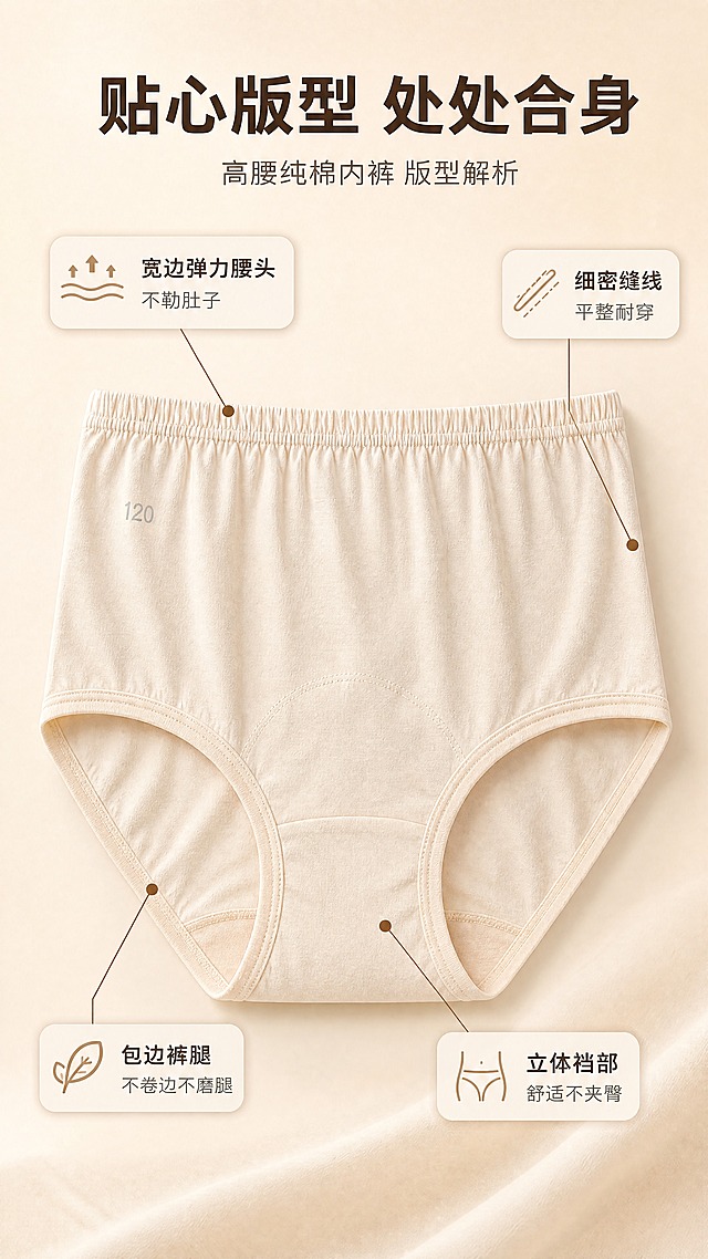 [商品] 使用【图1】浅米杏色高腰纯棉内裤；商品处理：保留高腰剪裁、弹力腰头、裤腿包边、裆部结构、120尺码标识、浅米杏颜色和纯棉面料质感；自然去皱，理顺腰头与裤腿边缘，增强面料织纹与缝线质感，不改变版型和结构。
[画面] 页面目标：版型解析页，正面展示高腰剪裁各部位结构与穿着体验。构图：居中大图展示内裤正面全貌，占画面约65%，四周用细线引出4个标注点，分别指向腰头、裤腿边、裆部和侧缝。背景为浅米色渐变底，底部有柔和投影。
[视觉] 套系策略：风格=温柔治愈系家居商业摄影；标题字=现代无衬线粗体（思源黑体Heavy）；正文字=简洁无衬线体（思源黑体Regular）；主色=浅米杏；背景延展=基于浅米杏做深浅层级、同色渐变和细腻织物/纸张质感；强调色=奶茶棕，仅用于小面积图标、引线和标签；标题色=深暖棕；正文色=中暖灰；组件=圆角浅底信息卡、细线引线、棉麻质感底衬；光影=正上方暖柔光，均匀柔和。
[文字] 顶部主标题"贴心版型 处处合身"，4处引线标注：「宽边弹力腰头」不勒肚子、「包边裤腿」不卷边不磨腿、「立体裆部」舒适不夹臀、「细密缝线」平整耐穿。文字用细线引出，标签为圆角浅底卡片，不遮挡产品主体。
[规格] 图片比例9:16竖版，4K，避免变形、错字、文字过小、冷蓝/蓝灰背景、内裤颜色改变、版型失真、低俗擦边、绝对化用语。
