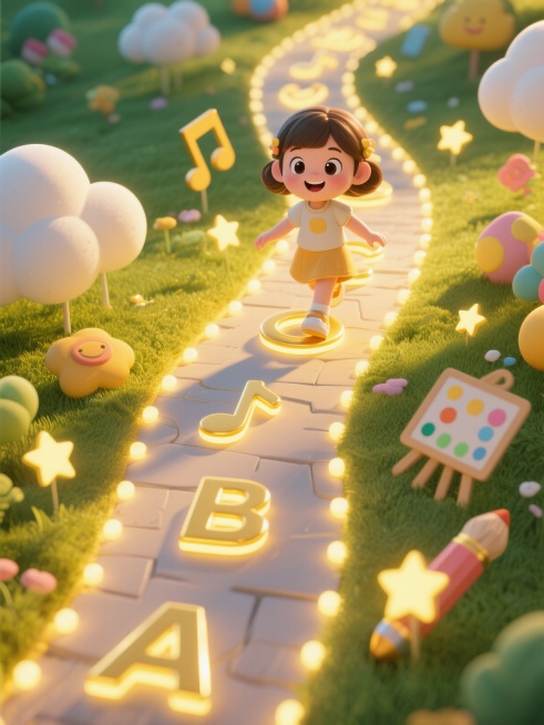 超广角镜头视角，3D卡通风格插画，好奇又开心的小女孩走在发光金色图标小路上，图标包含音符、画笔、字母ABC，每走一步脚下图标被点亮，小路两旁是童趣云朵和星星，暖黄色调，极致细腻渲染，发光路径氛围感，人预览效果