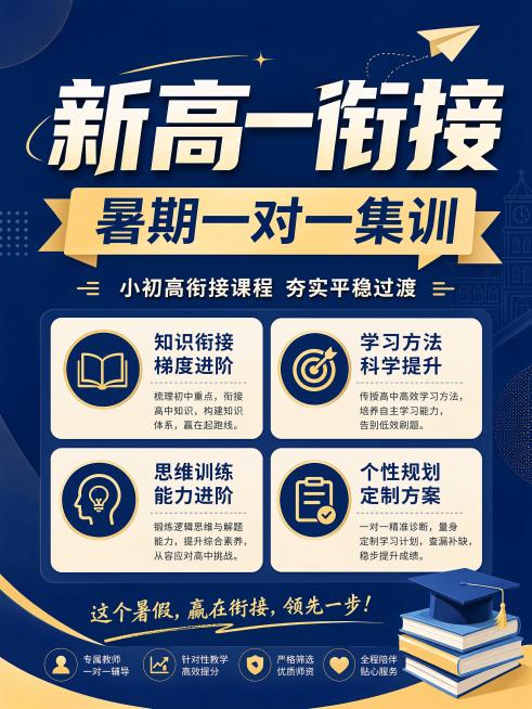 升学辅导海报，主标题"新高一衔接"，副标题"暑期一对一集训"，卖点：小初高衔接课程，夯实平稳过渡，深蓝色背景配浅黄装饰，卖点分四宫格排版，3:4比例，文字清晰层级分明，版式精美预览效果