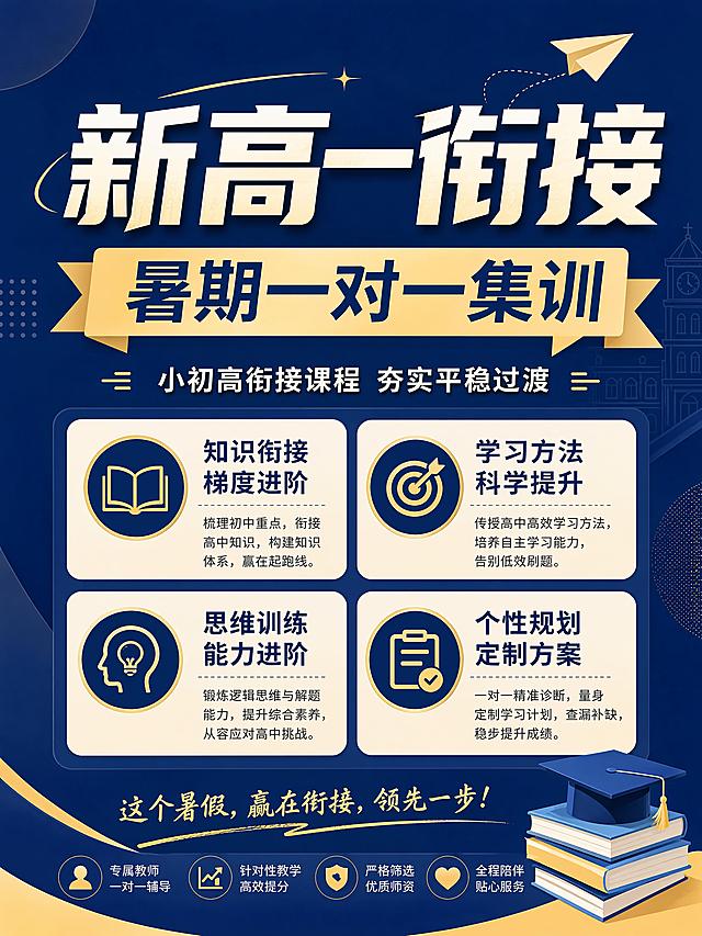 升学辅导海报，主标题"新高一衔接"，副标题"暑期一对一集训"，卖点：小初高衔接课程，夯实平稳过渡，深蓝色背景配浅黄装饰，卖点分四宫格排版，3:4比例，文字清晰层级分明，版式精美