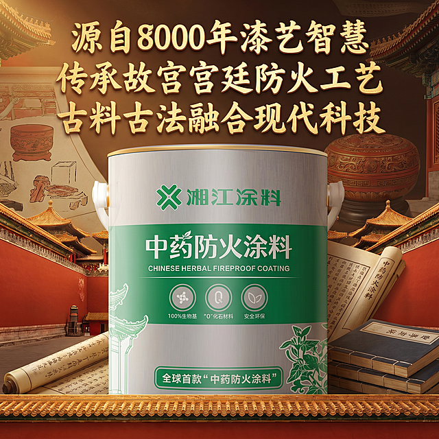 中药防火涂料卖点主图，突出历史传承特性，文字说明"源自8000年漆艺智慧，传承故宫宫廷防火工艺，古料古法融合现代科技"，1:1正方形淘宝主图，中式国风专业设计风格