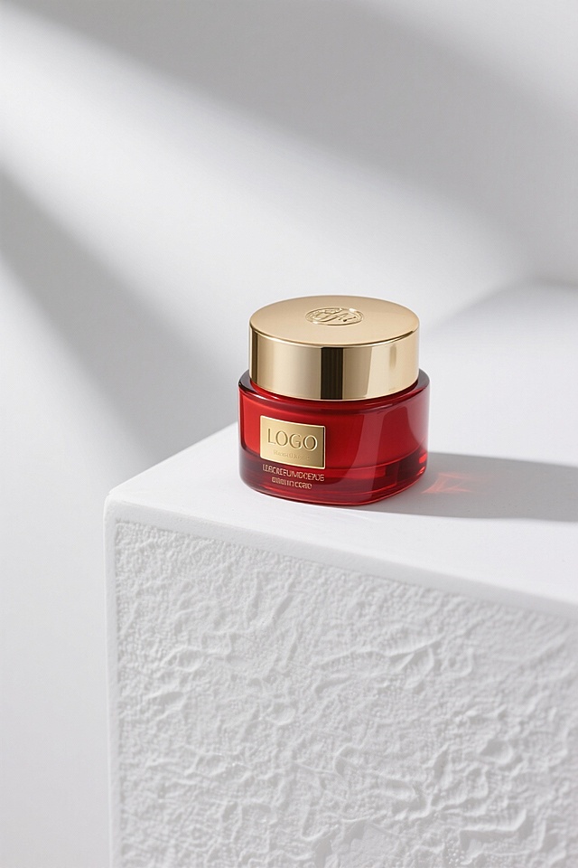 帮我生成一个高档红色塑料材质眼霜，金色瓶盖，金色LOGO标签，白色背景