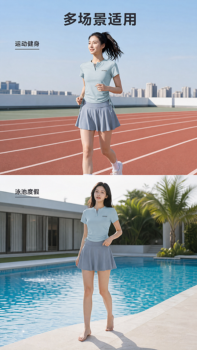 使用商品详情页技能根据商品图「图片1」「图片1」「图片1」「图片1」「图片1」「图片1」「图片1」「图片1」生成1套详情页，参考图为，商品名称为分体泳衣，卖点为腰部抽绳 V领带防尴尬三角衬布 可拆卸胸垫 遮肉显瘦 面实舒适 裙裤 腰部抽绳显瘦 精美印花  M(75-90斤)  L(90-100斤) XL(100-115斤) 2XL(115-125斤) 3XL(125-135斤)，适配平台为淘宝/天猫，图片比例为9:16，需求屏数为10张，其他要求为