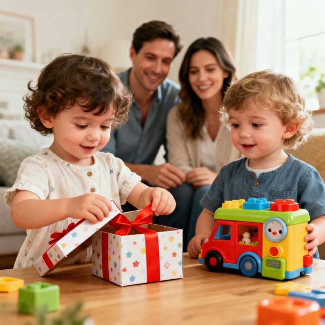 将礼物盒移至画面中间位置，其余元素保持不变预览效果