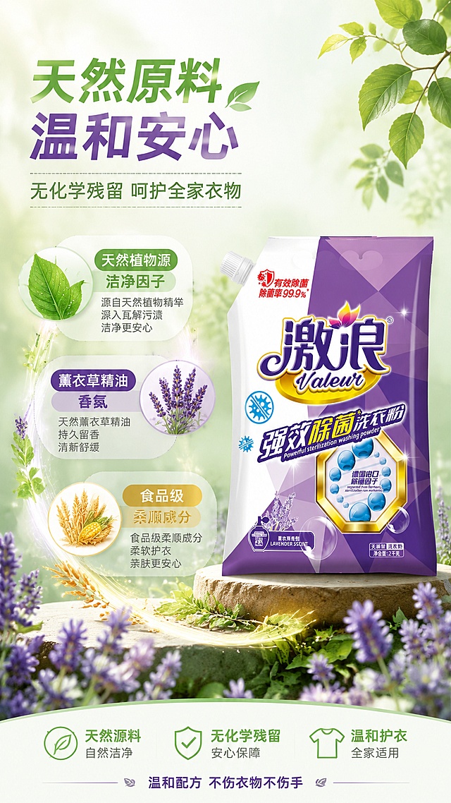 [第5屏] 天然成分解析-天然原料+无化学残留安心保障。本屏使用【图1】正面包装作为右侧产品展示。
[氛围/风格] 天然安心成分解析风，清新自然质感，温和绿色系+紫色系融合。
[元素布局] 产品置于右侧，占比约35%；左侧为成分解析区，以植物叶片、薰衣草花、天然谷物等天然原料元素环绕中心成分说明；背景有淡绿色光晕与植物纹理，营造天然安心氛围。
[光影质感] 柔和自然光感，从左上方洒下，植物元素通透有层次，产品立体光影清晰。
[配色色系] 全局底色 #F0F7EE 浅绿白渐变；主色橄榄绿 #6B8E5A + 深紫 #7A4BB8；辅助色浅绿、金黄；整体天然温和。
[视角构图] 左右分栏+中心放射构图，阅读动线左侧标题 → 中部成分元素 → 右侧产品。
[文字版式] 左上大标题「天然原料 温和安心」，副标题「无化学残留 呵护全家衣物」；中部三个成分标签：「天然植物源洁净因子」「薰衣草精油香氛」「食品级柔顺成分」，每个标签配对应植物小图标；底部小字说明「温和配方 不伤衣物不伤手」；字体为圆润黑体，绿色+紫色搭配，清晰可读。
[比例分辨率] 9:16 竖版比例，4K分辨率，文字清晰可辨，高清画质。
[负向提示词] 包装变形，文字错乱，颜色偏差，水印，产品图模糊，医疗化表述，绝对化用语。