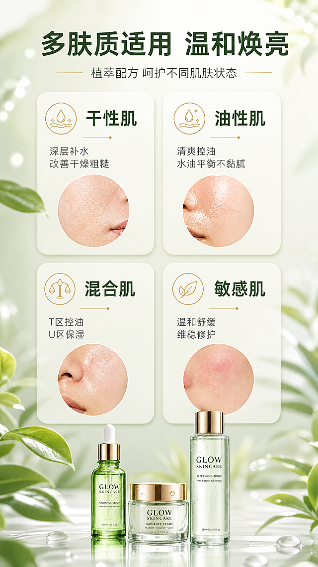 [商品] 底部融入【图1】三件套产品缩略图，保留瓶身外观与文字，尺寸约占画面15%，作为产品背书。
[画面] 页面目标：肤质适配说明，匹配不同肌肤困扰，扩大适用人群。构图：4张圆角肤质卡片呈2×2网格居中排列，占画面约60%；每张卡片含肤质名称+适用理由+肌肤状态小图；顶部标题区，底部产品小图；前景点缀植物叶片，中景卡片网格，后景浅绿渐变与虚化水光，≥3层视觉层次。
[视觉] 套系策略：风格=清新自然高级商业摄影风，水光通透质感；标题字=现代简约无衬线粗体；正文字=简洁无衬线体；主色=浅薄荷绿+米白；背景延展=基于浅绿做深浅渐变、水光朦胧感与植物叶片虚化层次；强调色=香槟金，仅用于小面积图标描边、引线、标签和高光；标题色=深墨绿；正文色=中灰绿；组件=圆角浅底信息卡、圆形利益icon、细线引线；光影=均匀柔和自然光，卡片有轻微投影与通透感。
[文字] 顶部主标题「多肤质适用 温和焕亮」，副标题「植萃配方 呵护不同肌肤状态」；4张卡片分别为：「干性肌 深层补水 改善干燥粗糙」「油性肌 清爽控油 水油平衡不黏腻」「混合肌 T区控油 U区保湿」「敏感肌 温和舒缓 维稳修护」；文字均横向排版，字号保证手机端清晰可读。
[规格] 图片比例9:16竖版，4K分辨率，负向提示：避免变形、错字、文字过小、医疗功效表述、治疗承诺、绝对化用语、冷蓝灰背景。