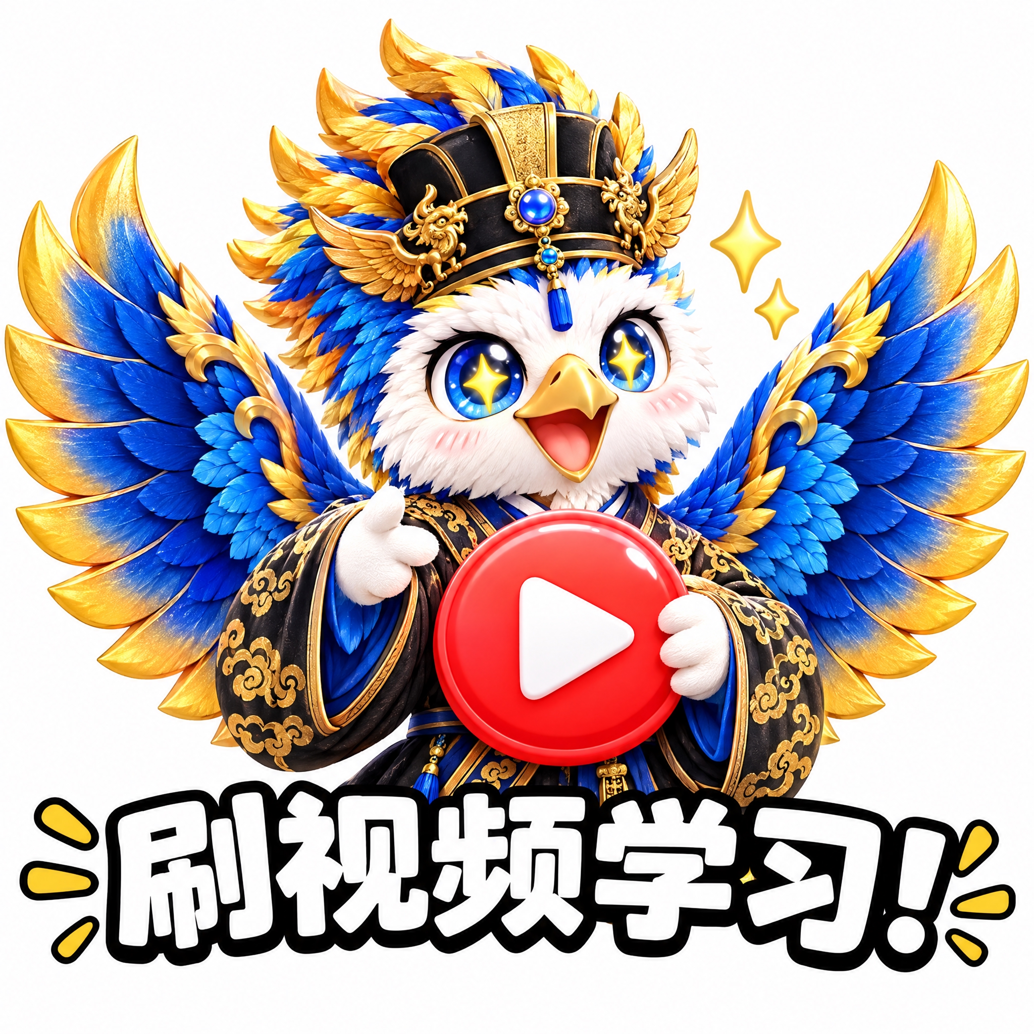 参考图中的蓝金鹰形神兽（穿黑金汉服、展翅），做成可爱表情包风格… - 图片创意预览