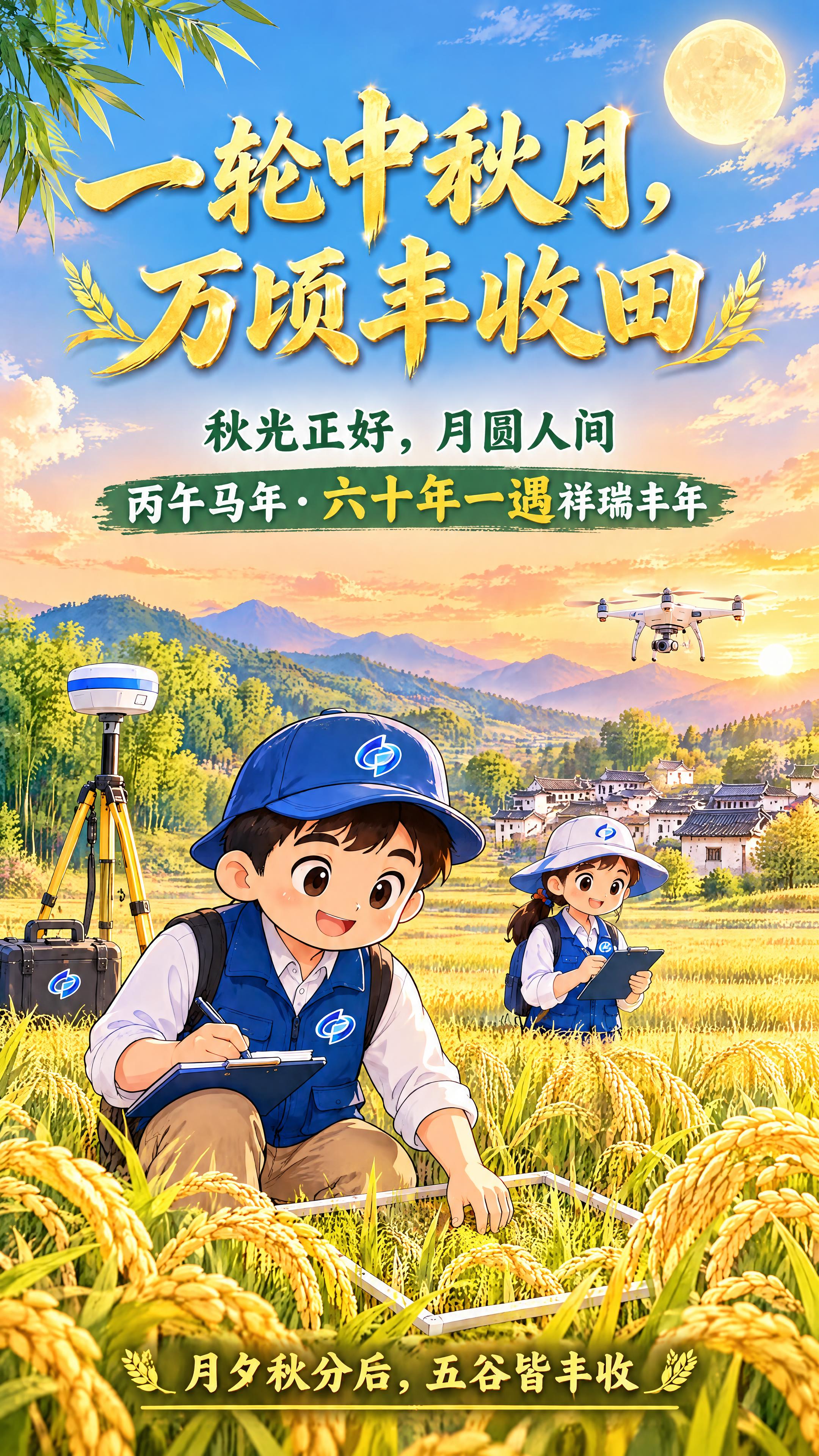 竖版海报，中秋丰收主题，明亮不黑暗：天空是暖橙晚霞与浅蓝渐变的… - 图片创意预览