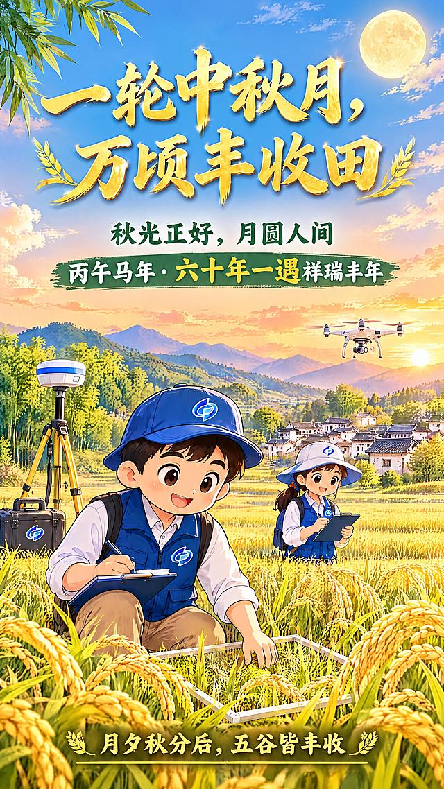 竖版海报，中秋丰收主题，明亮不黑暗：天空是暖橙晚霞与浅蓝渐变的黄昏色调，光线明亮通透，一轮金色圆月淡淡挂在天空一角，天边还有几缕白云，大片金黄色成熟稻田，远山和翠竹村落，整体温馨明亮的秋日傍晚氛围，漫画插画风格，与系列海报风格衔接。

版面文字简洁突出，不做长篇文案：
1. 顶部金色大号艺术字标题：'一轮中秋月，万顷丰收田'（最醒目）；
2. 标题下方两行重点句（墨绿色/白色大字）：'秋光正好，月圆人间'和'丙午马年·六十年一遇祥瑞丰年'，第二行中'六十年一遇'用金黄色突出；
3. 底部一行金色竖排或横排小字：'月夕秋分后，五谷皆丰收'，作为点题金句。

画面配图：Q版粮食调查员穿蓝色调查马甲、戴遮阳帽，在黄昏金色稻田里手持样方框和记录本，人物马甲胸前必须清晰绘制参考图第一张（https://gdesign-dam-hz.dancf.com/37934924259904534/2efc1e69e2584597a729ef97c06d0727.png?x-oss-process=image/resize,l_3000,image/crop,w_3000,h_3000,g_center）中的蓝色双弧统计标志，背景有测量仪器和无人机，稻穗饱满，画面明亮积极。

整体海报形式突出标题和重点，留白舒适，文字准确无错字，无夜晚黑暗感，调查员标志清晰大气。