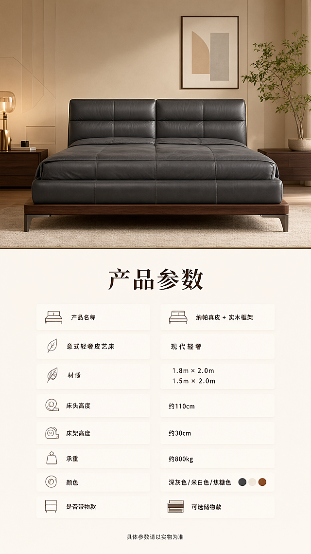 电商详情页第十张，产品参数与规格表页。
[氛围/风格] 简约专业，参数表清晰，轻奢风格
[元素布局] 上半部分为深灰色皮艺床正面图，放在暖米色卧室场景中；下半部分为规格参数表，浅米色底深棕色文字；整体暖米色调
[光影质感] 均匀柔和布光，产品清晰，参数表干净易读
[配色色系] 全局背景暖米色；参数表头深棕色；文字深棕色
[视角构图] 上下分区，上产品下参数表
[文字版式] 顶部标题「产品参数」，大号粗体深棕色居中；参数表包含：产品名称「意式轻奢皮艺床」、材质「纳帕真皮+实木框架」、风格「现代轻奢」、尺寸「1.8m×2.0m / 1.5m×2.0m」、床头高度「约110cm」、床架高度「约30cm」、承重「约800kg」、颜色「深灰色/米白色/焦糖色」、是否带储物「可选储物款」；底部小字「具体参数请以实物为准」
[比例] 9:16竖版，高清画质，文字清晰