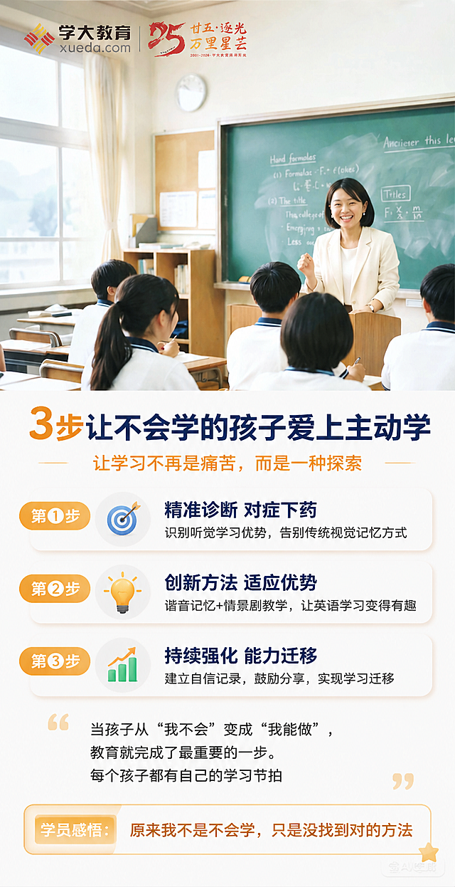 在这张教育主题图片下方的空白区域填入以下文字内容，布局排版要清晰合理，标题醒目、步骤分明：
大标题：3步让不会学的孩子爱上主动学
副标题：让学习不再是痛苦，而是一种探索
第①步：精准诊断 对症下药
识别听觉学习优势，告别传统视觉记忆方式
第②步：创新方法 适应优势
谐音记忆+情景剧教学，让英语学习变得有趣
第③步：持续强化 能力迁移
建立自信记录，鼓励分享，实现学习迁移
正文：当孩子从'我不会'变成'我能做'，教育就完成了最重要的一步。每个孩子都有自己的学习节拍
学员感悟：原来我不是不会学，只是没找到对的方法
保留图片上方原有的学大教育25周年logo不改变，整体风格保持干净专业的教育宣传感。