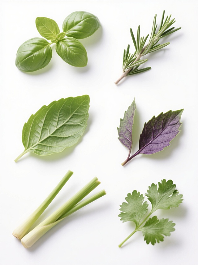 一组六款不同香草植物叶片的高清晰特写摄影，每款叶片保持与原图一致的超写实风格、明亮自然光照明、清晰叶脉纹理和饱满绿色调，纯白纯色背景，元素类目为新鲜香草叶片，包含罗勒叶、迷迭香叶、香茅叶、紫苏叶、柠檬草叶、香菜叶，六款叶片呈2x3网格状规整排布，每款叶片独立完整，细节清晰，整体保持统一的摄影质感和视觉风格。
