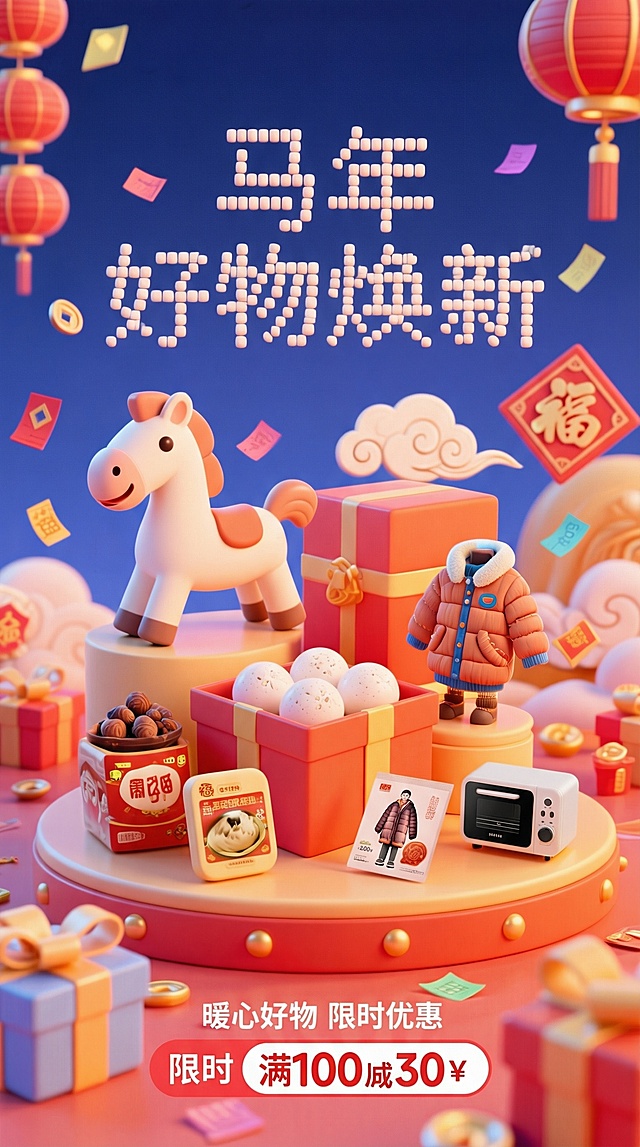 软3D风微缩艺术场景，融合国潮元素与粘土质感，卡通马与年货好物跃然眼前，喜庆梦幻，传递新春焕新氛围。