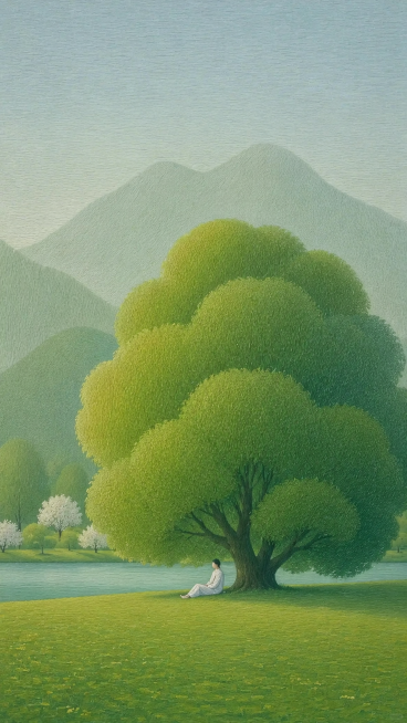 参考原图风格，重新生成静谧自然风景，绘制出大棵渐变绿色蓬松树木，草地远山，人物静坐树下的治愈系油画预览效果