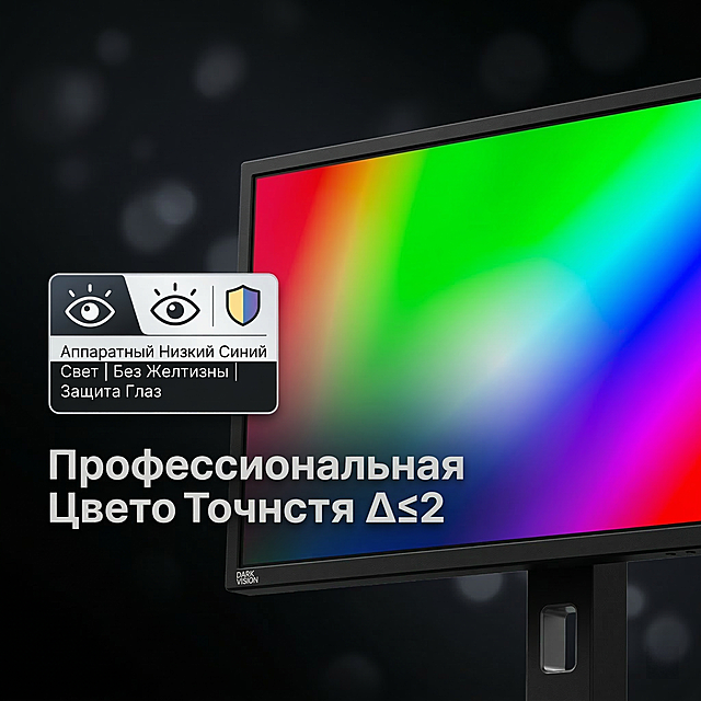 Yandex Market俄文电商主图，1600*1600px，深黑渐变背景叠加柔光光斑，特写构图，DARK VISION 27英寸5K显示器屏幕占比60%，显示色彩渐变样张，左侧放置护眼卖点标签。醒目俄式粗体文案，主标题俄文：Professional Color Accuracy Δ≤2，副标签俄文：Hardware Low Blue Light | No Yellow Shift | Eye Protection，产品占比75%，高质感光影，突出专业色准与护眼特性，符合俄区数码产品硬核直观审美