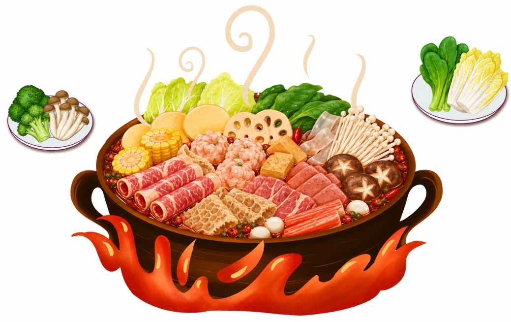 插画风格火锅图，热气腾腾的麻辣红锅，更换不同的涮肉和蔬菜食材，画面诱人食欲，高清画质，整体风格参考原图预览效果