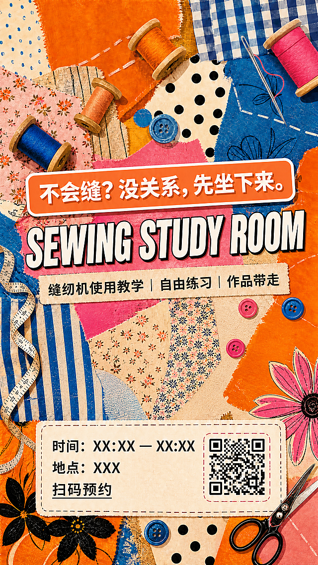 去掉图中所有的三个信息色块（橙色、蓝色、粉色三个横条信息块），保留其他所有元素（中文主标题橙色贴纸、英文大标题、副标题、底部布标签信息区、装饰元素等），去掉信息块后露出的背景区域用原有的拼贴布料纹理自然填充，保持整体拼贴艺术风格统一和谐。