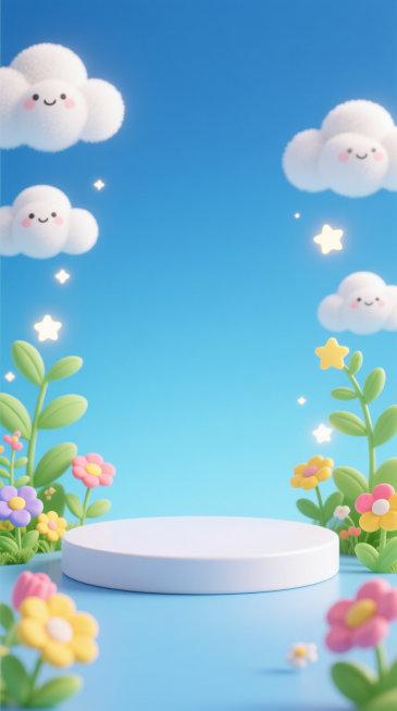 电商背景图，正视图，画面中间留出产品位置，放置一个薄的白色展台，周围放置一些可爱的元素，比如云朵，植物，星星，花朵，摆放有节奏感，主色调为蓝色渐变，添加一点点白色，黄色和绿色，童趣可爱预览效果
