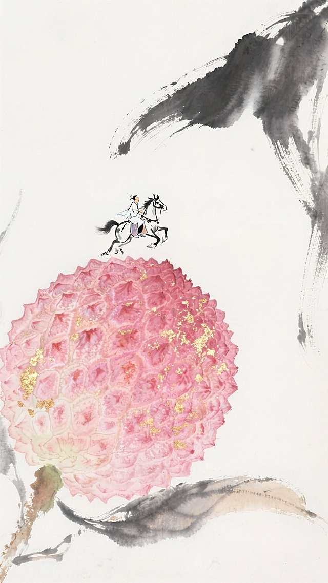 一幅新中式工笔插画，以简洁浅白为底色。上方是一位微缩的小人骑马飞奔，下方是一个巨大的荔枝，画面中，巨大荔枝呈现饱满的红粉色，表面纹理细腻，金色碎光点缀其旁增添华丽感。整体色彩搭配清新雅致又不失华贵，借古典意象与细腻笔触，营造出浪漫且富有东方意境的画面