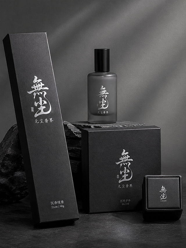 将参考图中的书法Logo应用到高端沉香品牌包装样机上，极简轻奢现代中性风格，黑白灰主色调。画面优雅陈列四件产品包装：哑光黑色线香长盒、深灰色磨砂玻璃精油瓶、黑色方形沉香手串礼盒、小巧耳饰首饰盒，错落有致摆放。所有包装上的Logo均为参考图中的书法字体样式，呈现精致烫银金属质感，银色冷光反射细腻。高级灰调背景，柔和侧光，商业摄影级别，8K超清，极致材质细节，高端品牌视觉，杂志大片质感，中性风格男女皆宜。必须使用参考图中的Logo字形和排版设计