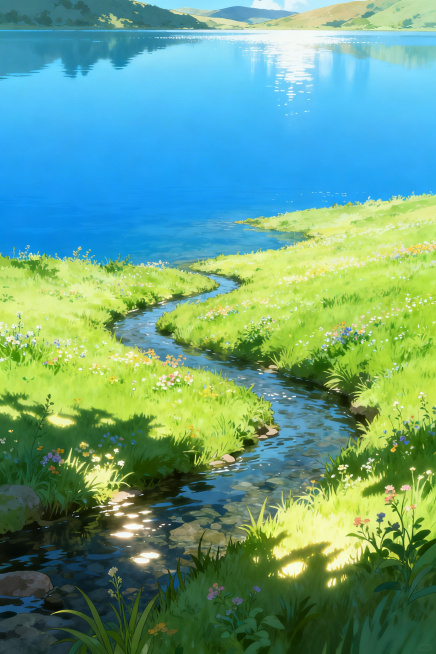 宫崎骏动画风格，静谧的自然场景，包含开阔的湖泊、青翠的草地、蜿蜒流淌的小溪，澄澈干净的蓝天，整体清新治愈，充满童话氛围预览效果