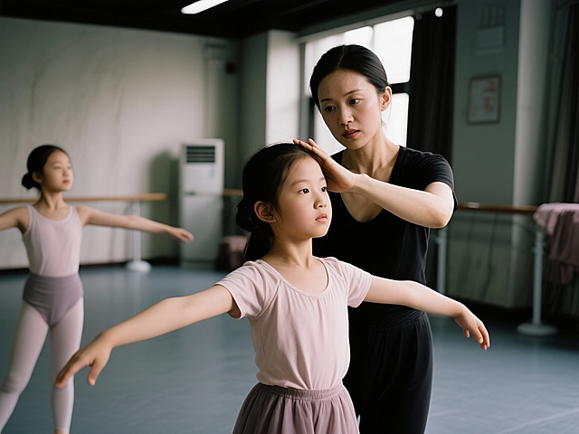 在一间舞蹈室里，一个女老师咋正在女孩的动作特写
