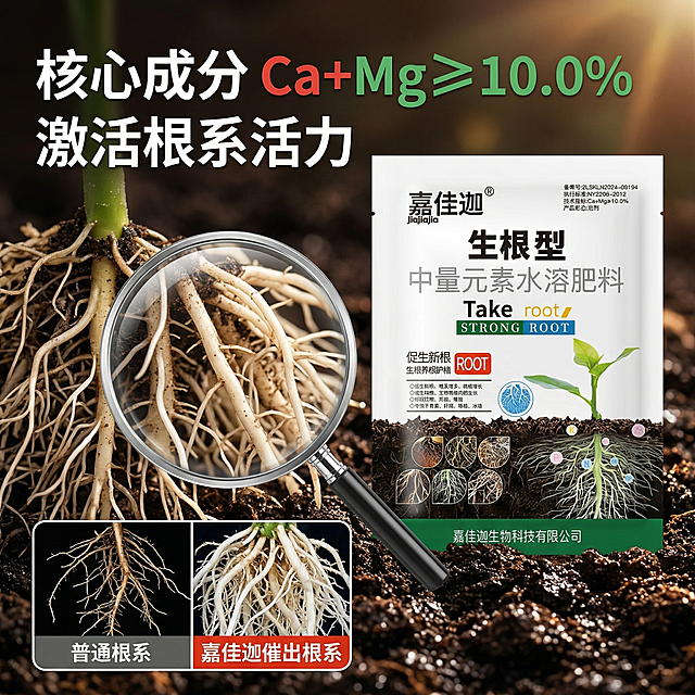 生成嘉佳迦生根水溶肥料细节成分主图，产品包装袋放置右侧，左侧用高清特写展示被该肥料催出的发达健康根系，放大镜效果放大根系细节，对比普通根系更加粗壮茂密，左侧配精炼卖点文字“核心成分 Ca+Mg≥10.0% 激活根系活力”，背景为湿润肥沃土壤，自然柔和光线，专业农业风格，配色统一，文字不遮挡主体细节，背景全屏无边框，1:1构图符合国内电商规范