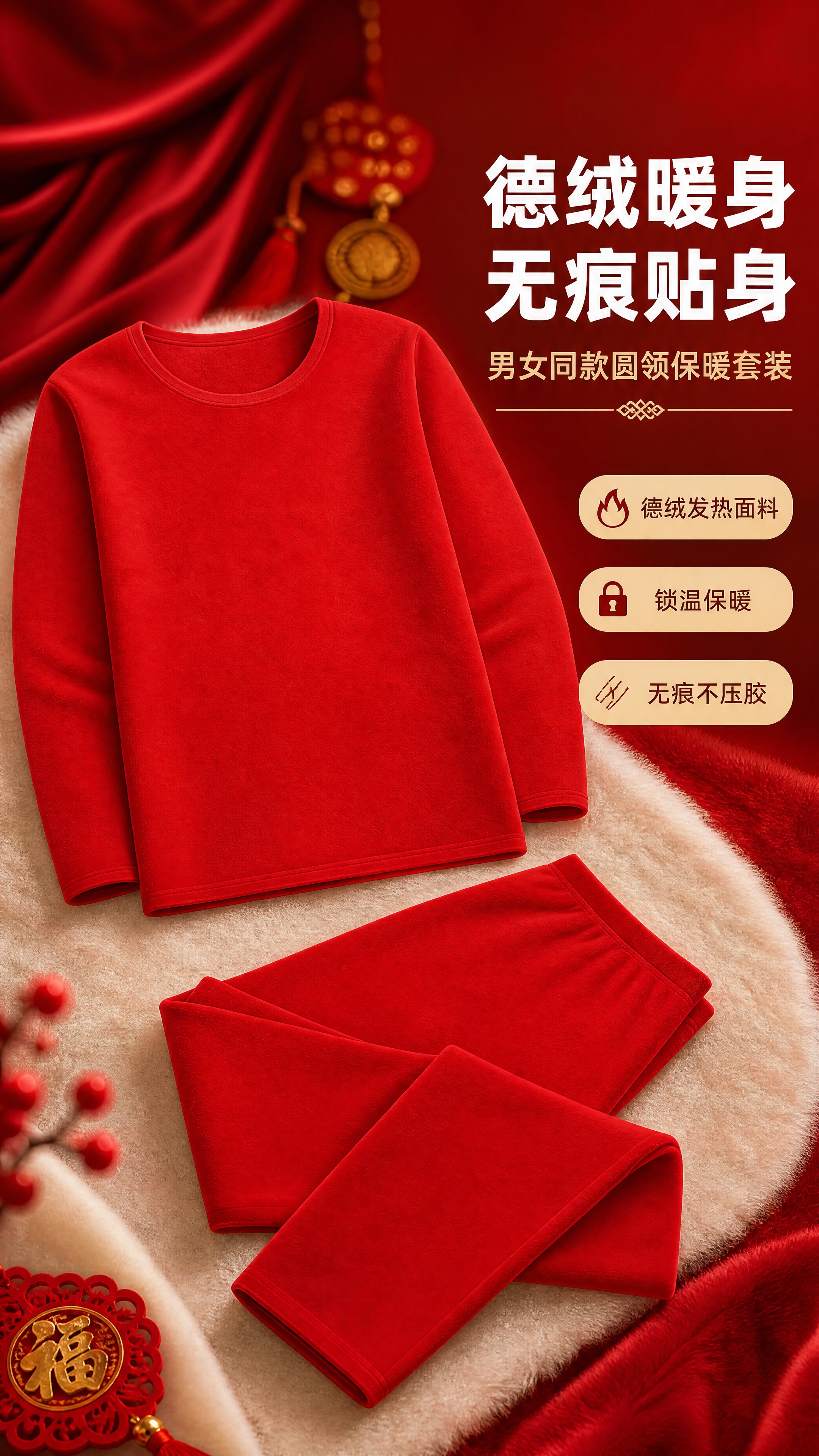 [商品] 使用【图1】中的红色德绒保暖秋衣秋裤套装（正红圆领长… - 图片创意预览