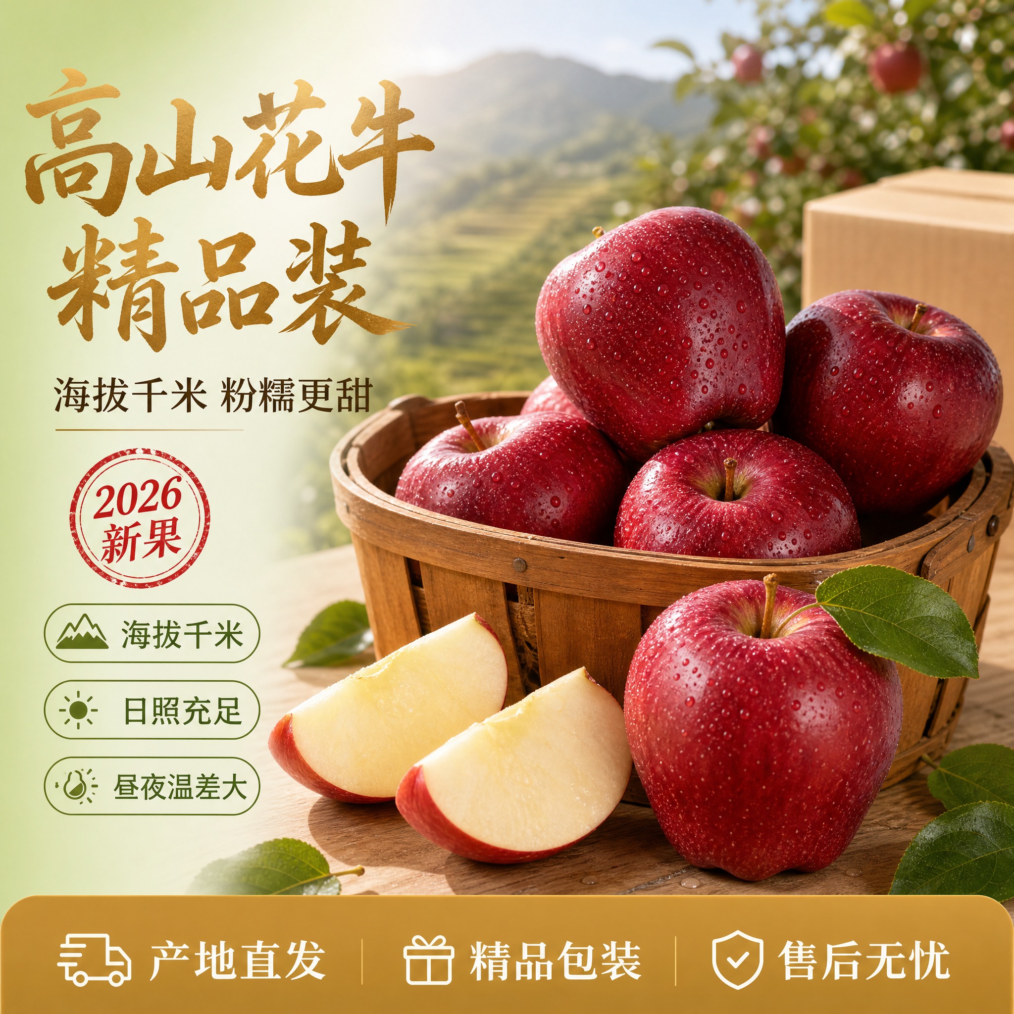 [主图-5] 版本5·满筐+扇形切片+带叶：天水花牛苹果精品主… - 图片创意预览