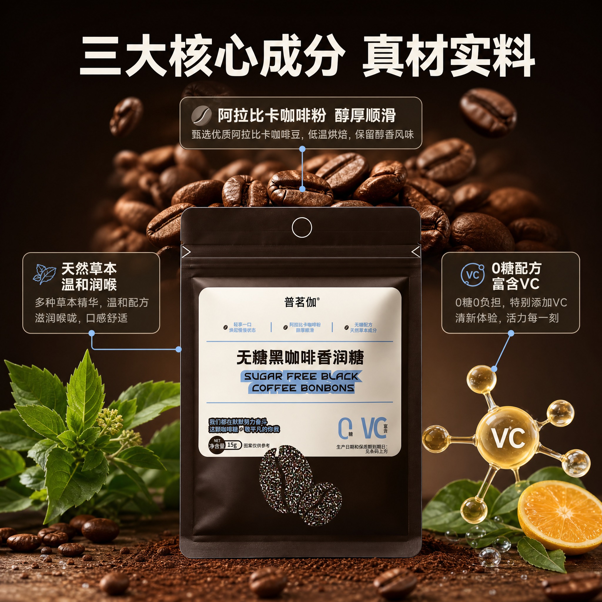 [主图-2] 普茗伽无糖黑咖啡香润糖 核心亮点与成分溯源 信任… - 图片创意预览