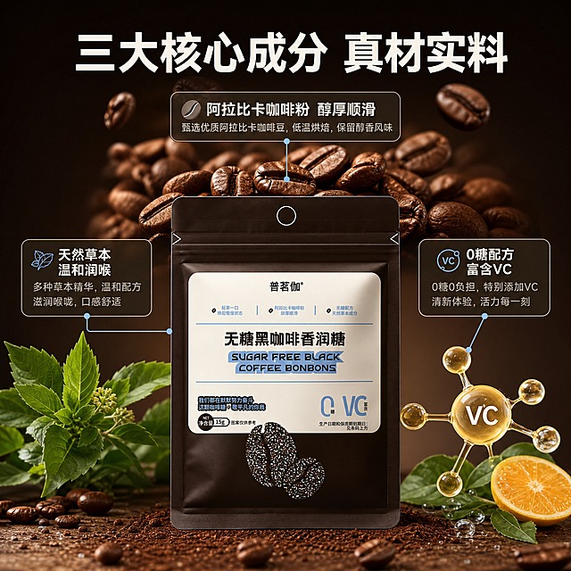 [主图-2] 普茗伽无糖黑咖啡香润糖 核心亮点与成分溯源 信任理性。
[统一基调] 风格=现代简约咖啡质感商业摄影风；主色=深咖啡棕(#3E2723)；背景主色=深棕渐变+原料场景；标题字色=米白色(#FAFAFA)；辅助字色=浅奶咖色(#D7CCC8)；强调色=淡蓝色点缀；字体样式=粗黑体现代无衬线标题+简洁无衬线正文；组件=圆角信息卡、细引线、咖啡豆/叶片图标。
[画面] 中心构图，普茗伽无糖黑咖啡香润糖袋装产品位于画面正中心偏下，占画面约35%，正面完整展示；产品上方为阿拉比卡咖啡豆微距特写大画面（占上半部分约40%），颗粒饱满纹理清晰，有几颗咖啡豆悬浮动态感；产品左侧为草本植物叶片特写，右侧为VC分子结构/橙子元素小图；从产品向四周引出3条细引线，分别指向咖啡豆、草本叶片、VC元素，对应三大核心成分；背景为深棕色径向渐变，中心亮四周暗。
[光影质感] 顶部暖柔光，咖啡豆立体光影有高光，产品正面受光均匀，接触阴影自然；整体通透有层次，原料真实有质感。
[配色] 主色深咖啡棕，背景深棕径向渐变，文字米白+浅奶咖，强调色淡蓝引线与图标；原料色为自然咖啡棕与绿色。
[文字版式] 顶部主标题"三大核心成分 真材实料"（10字，粗体米白）；三个引线端点分别配文字：上方"阿拉比卡咖啡粉 醇厚顺滑"、左侧"天然草本 温和润喉"、右侧"0糖配方 富含VC"；每个成分配1行小字说明；文字全部横排，信息卡为半透明深底浅字；不遮挡产品主体。
[输出要求] 比例1:1，2K分辨率，文字清晰可读，产品清晰完整；负向：变形、错字、模糊、杂乱、水印、平台Logo、二维码、绝对化用语、医疗功效宣传、虚假成分承诺。