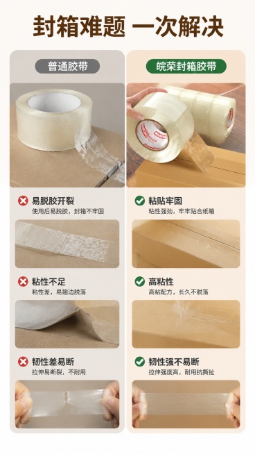 [第2屏] 痛点对比-普通胶带 vs 我们的封箱胶带，本屏使用【图1】和【图2】作为商品主体。
[氛围/风格] 实用对比风，浅灰暖调背景，清晰信息分层，真实可信的商业展示。
[元素布局] 左右分栏对比预览效果