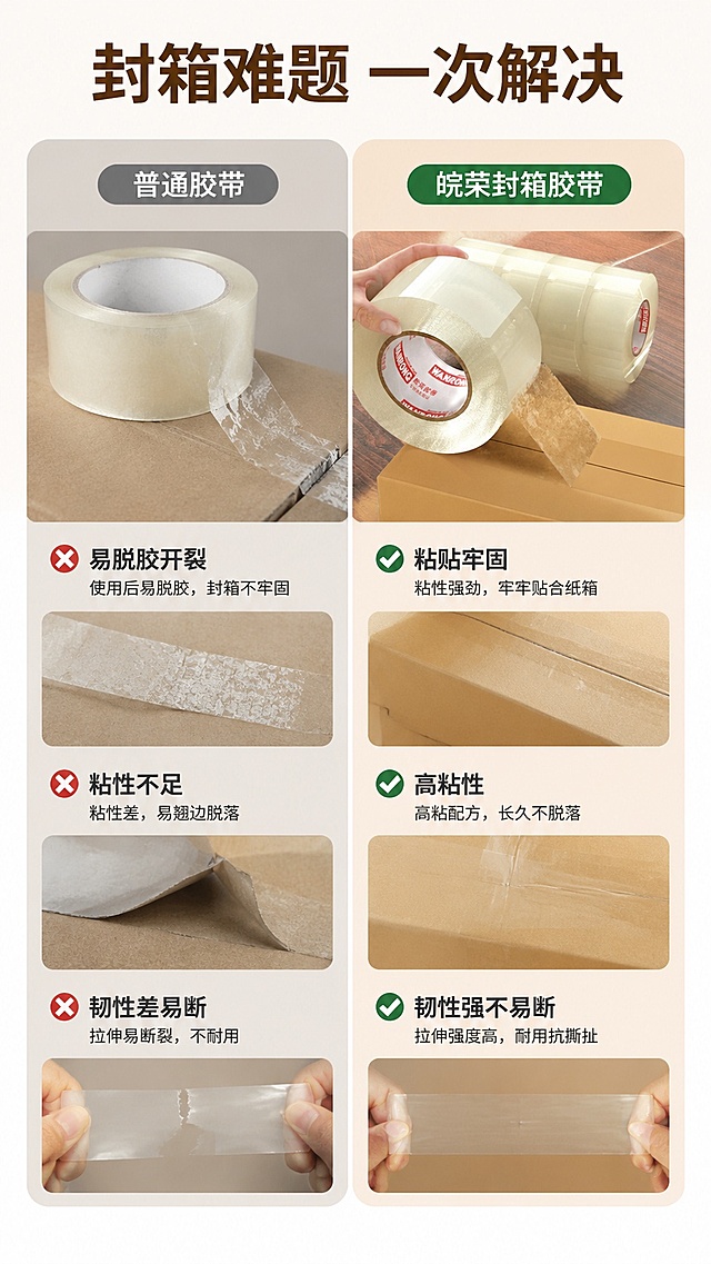 [第2屏] 痛点对比-普通胶带 vs 我们的封箱胶带，本屏使用【图1】和【图2】作为商品主体。
[氛围/风格] 实用对比风，浅灰暖调背景，清晰信息分层，真实可信的商业展示。
[元素布局] 左右分栏对比布局，左栏展示普通胶带脱胶开裂痛点，右栏展示我们胶带粘贴牢固的优势，本屏使用输入产品图作为右栏展示主体，保持产品颜色和结构一致。左右各占50%画面，每个区域配图标和短标题说明。
[光影质感] 均匀柔光照明，左右明暗一致，对比清晰，产品轮廓突出无阴影干扰。
[配色色系] 全局底色 #F5F5F0；主色浅棕+黑色文字；辅助色红色标注痛点，绿色标注优势。
[视角构图] 平面等分构图，左右对比，阅读动线左痛点→右解决，信息层级清晰。
[文字版式] 顶部标题「封箱难题 一次解决」居中；左栏标题「普通胶带」，标注痛点「易脱胶开裂、粘性不足、韧性差易断」；右栏标题「皖荣封箱胶带」，标注优势「粘贴牢固、高粘性、韧性强不易断」；文字分区排列，清晰不遮挡主体，字号适配移动端阅读。
[比例分辨率] 9:16竖版比例，4K分辨率，文字清晰可辨，高清画质。
[负向提示词] 产品变形，文字错乱，颜色偏差，水印，虚假对比，背景杂乱。
