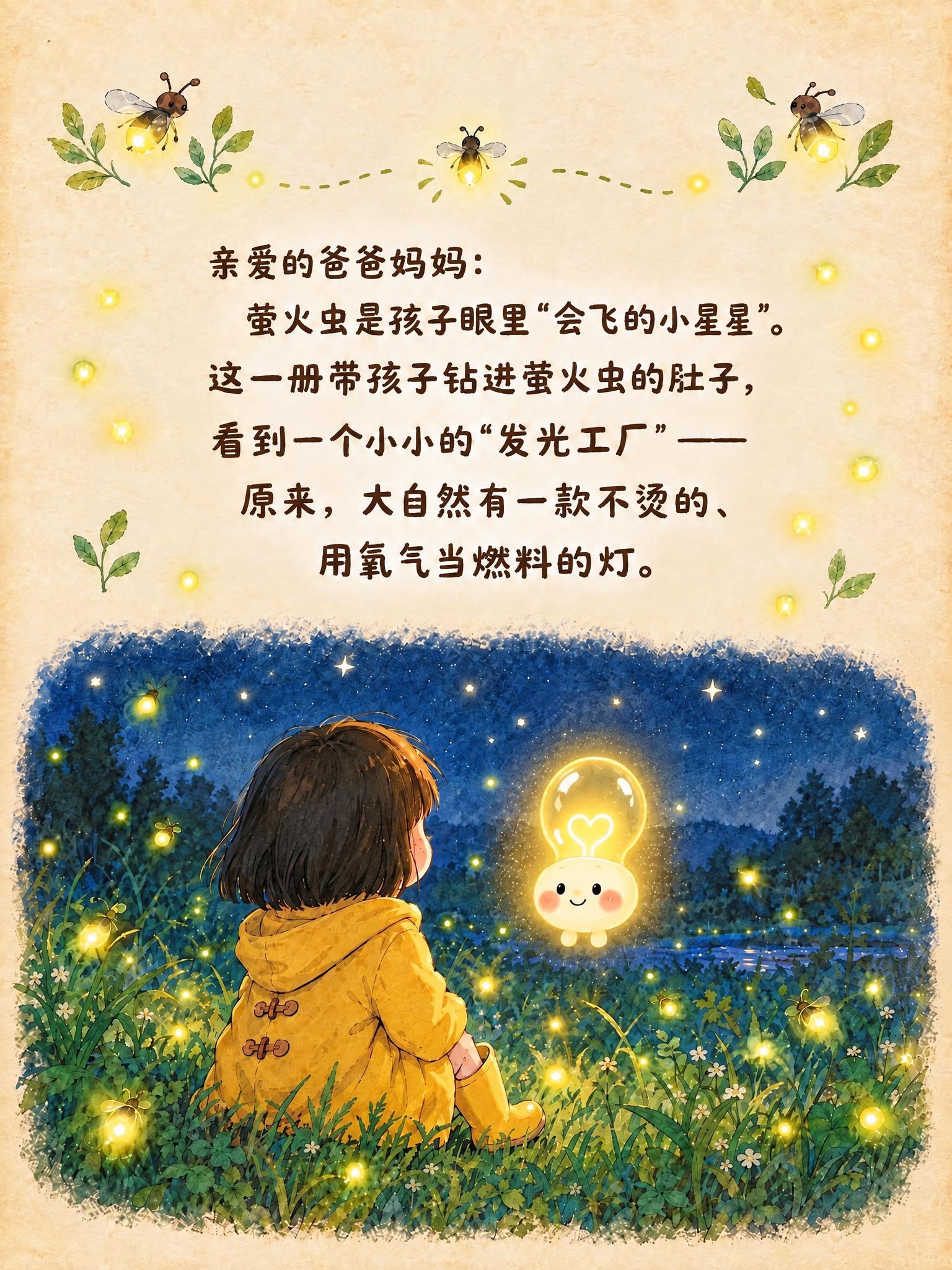 儿童绘本导读页，竖版比例，米黄色做旧纸张背景。文字内容、萤火虫… - 图片创意预览