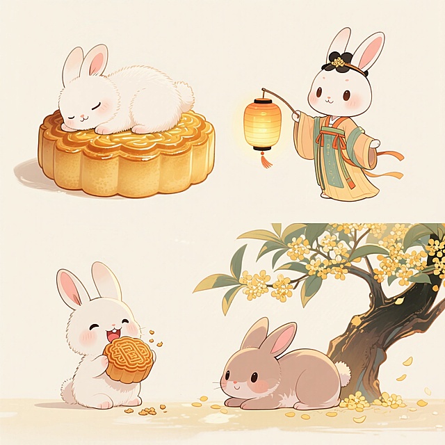 中秋插画，可爱兔子拟人化，穿汉服持灯笼，吃月饼赏桂花，充满节日温馨氛围。